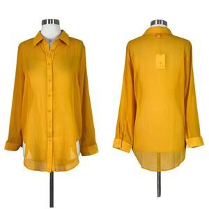NEW Lisa Says Gah | Shirred Mustard Yellow Solid Sheer Flower Button Button Top